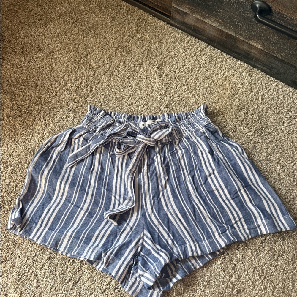 Hollister Blue and White Striped High-Waist Paperbag Shorts